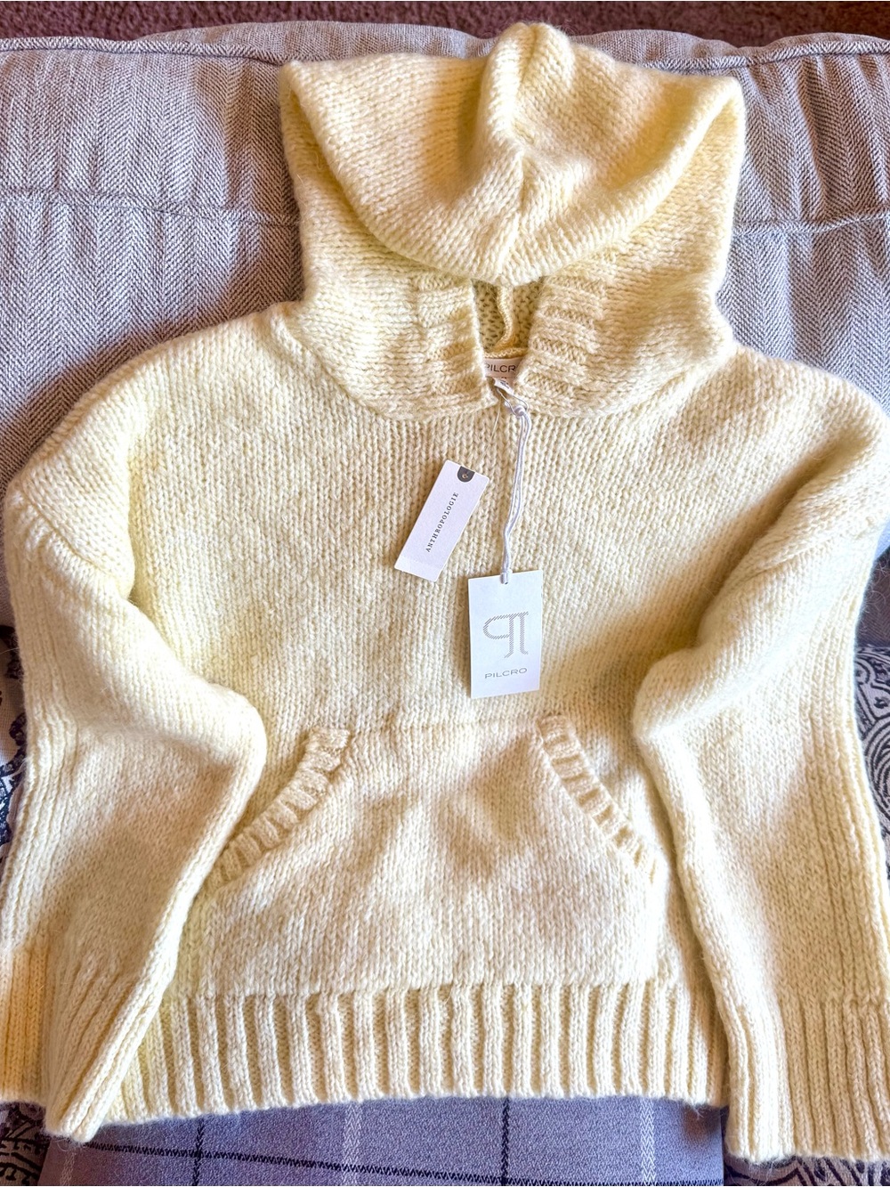 Anthropologie Pale Yellow Hooded Knit Sweater
